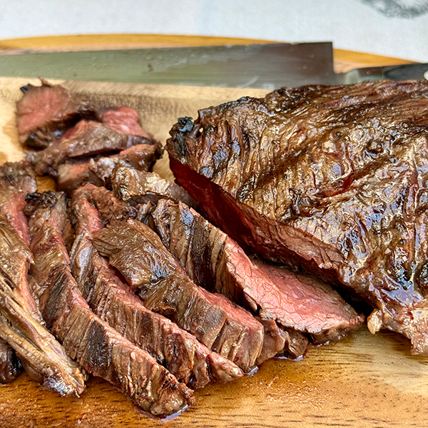 The spiked marinade easily penetrates the richness of hanger steak, pictured above, thanks to its coarse grain 