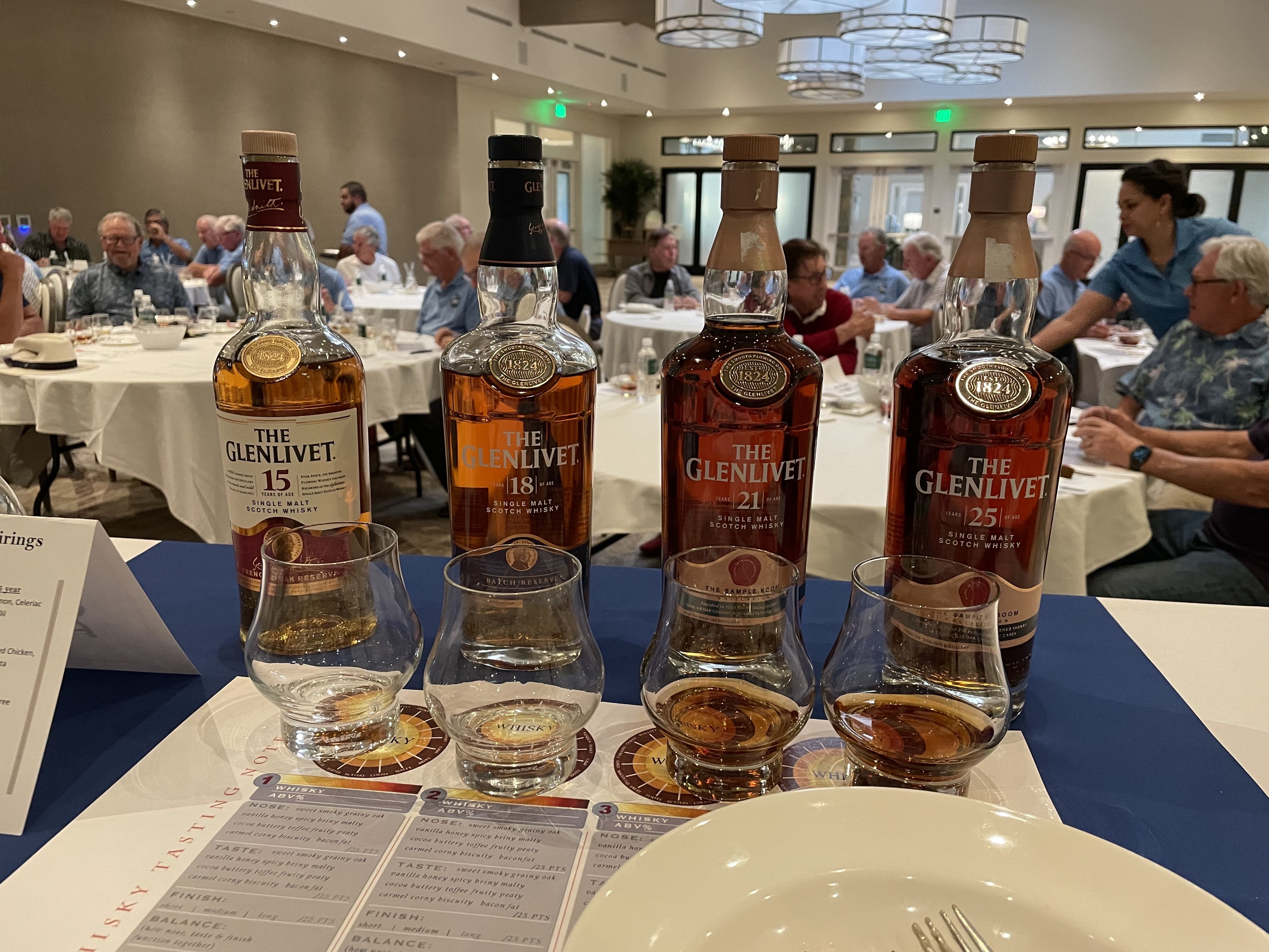 A flight of Glenlivet bottles from a single malt scotch tasting