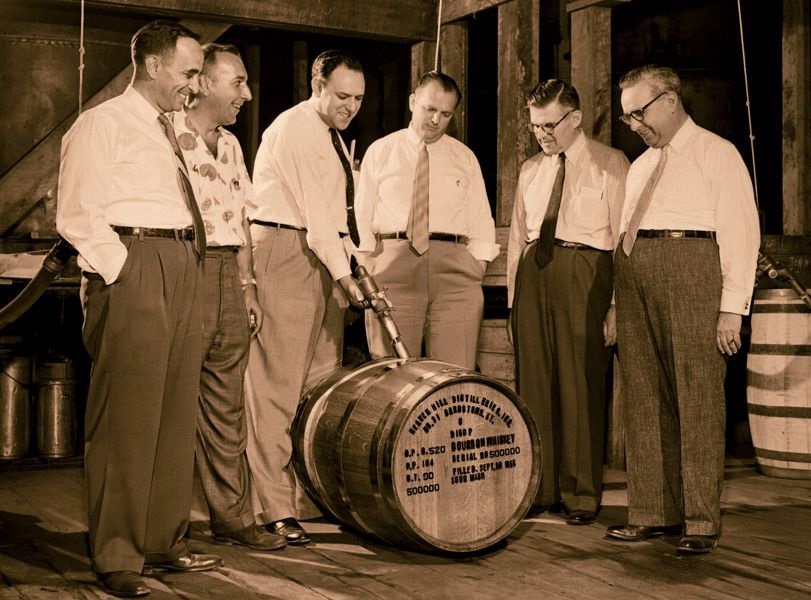 The Shapira brothers, co-founders of Heaven Hill, left to right: Ed, vice president and general manager Charlie DeSpain, David, Mose, George, and Gary.