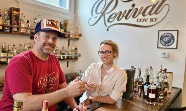 Brad Bonds and Shannon Smith of Revival Vintage Spirits & Bottle Shop. “I look at every bottle like it’s fake,” says Bonds.