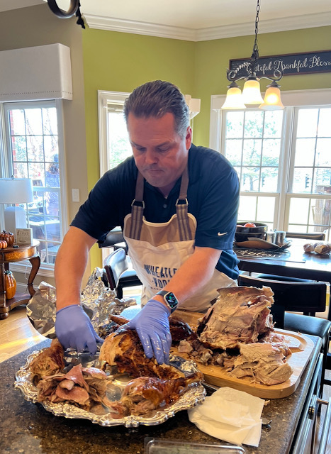 Buffalo Trace master distiller Harlen Wheatley is the turkey carver at his family's Thanksgiving celebration.